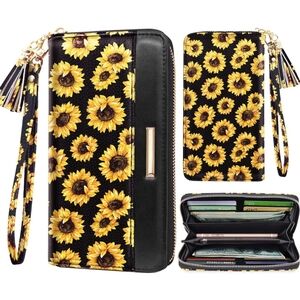 Sunflower Wallet Leather Card Holder Organizer Ladies Clutch w/ Tassel Wristlet
